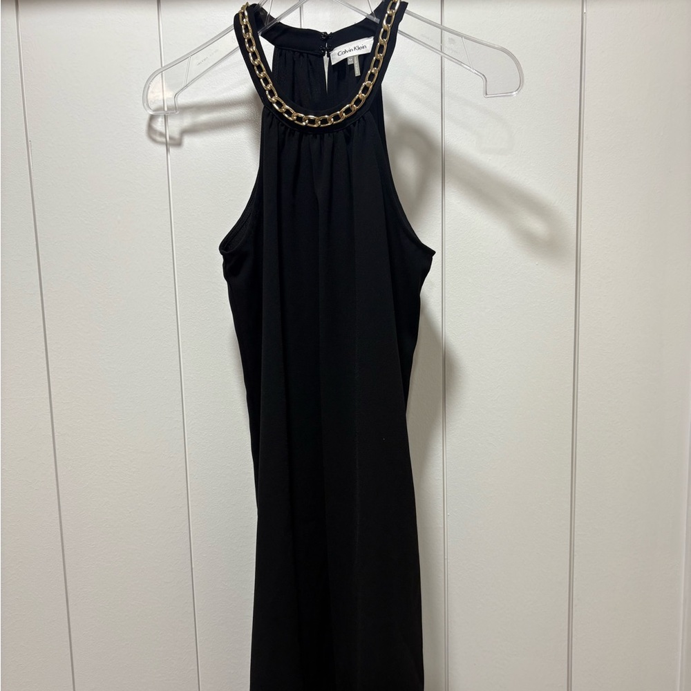 Calvin Klein Black Halter Dress Size 2 Heavy Gold Chain Neck Sleeveless Evening